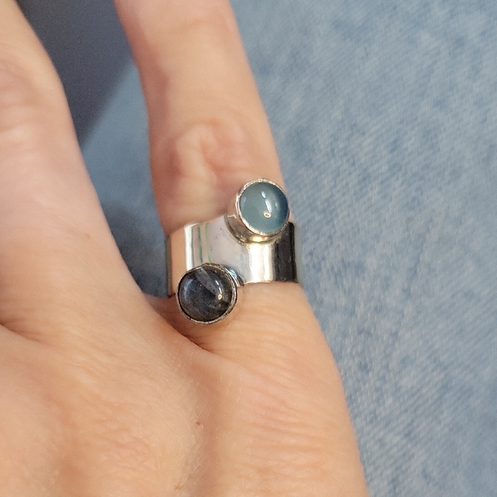 BLUE FIRE LABRADORITE AND CHALCEDONY DOUBLE STONE WIDE BAND RING, SIZE 5 - Picture 3 of 7